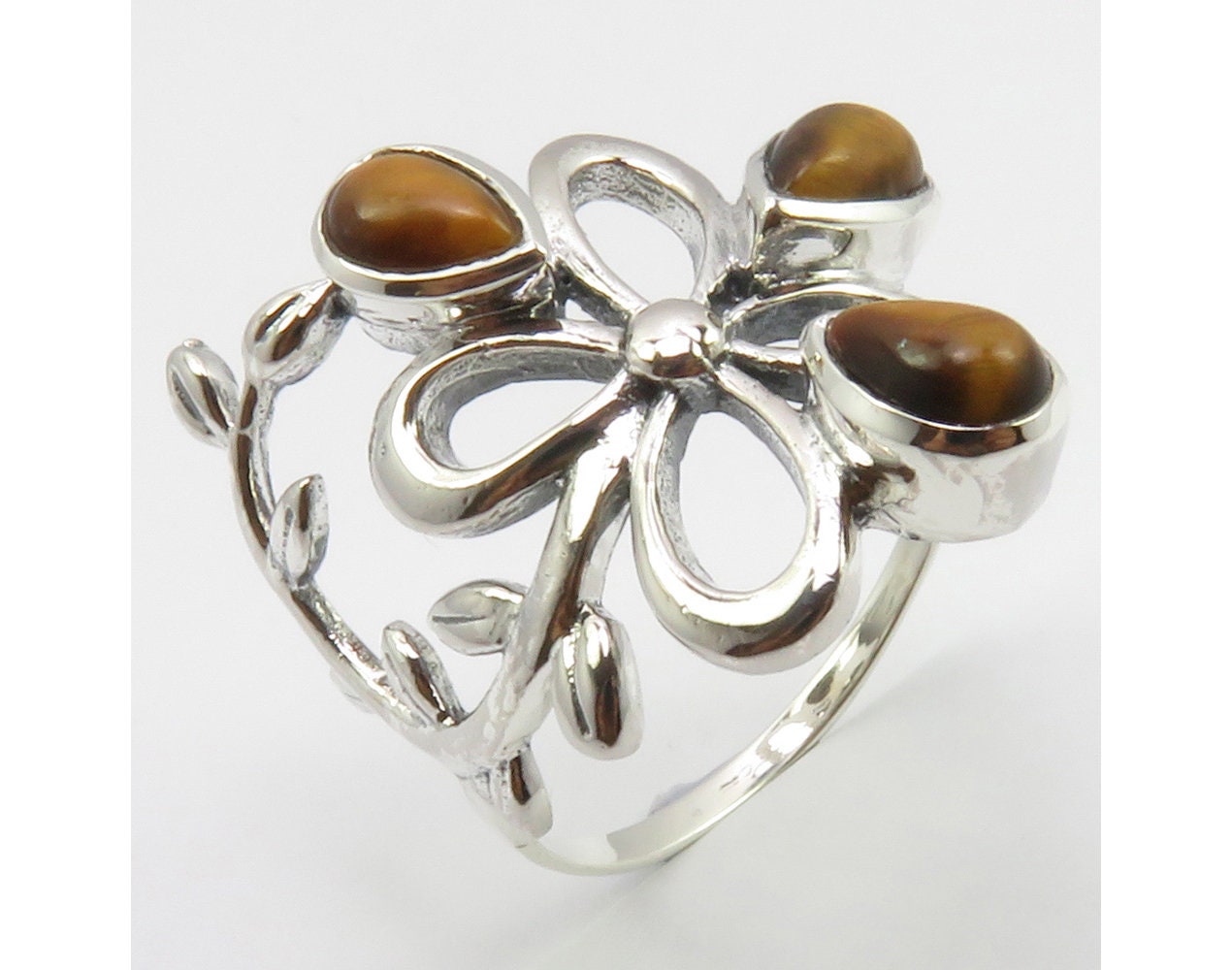 ANY SIZE Solid 925 Sterling Silver Tigers Eye Floral Ring Jewelry 
