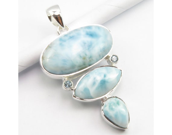 Larimar Gemstone Jewelry 925 Sterling Silver Handmade solid Cross Pendant 1.9/"