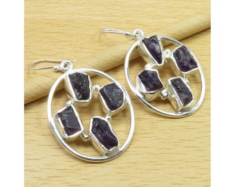 Natural Stone AMETHYST Earrings 1.8" Style Of The Day Beautiful Women's Jewelry Made In India 925 Stamp Silver Unique Collection