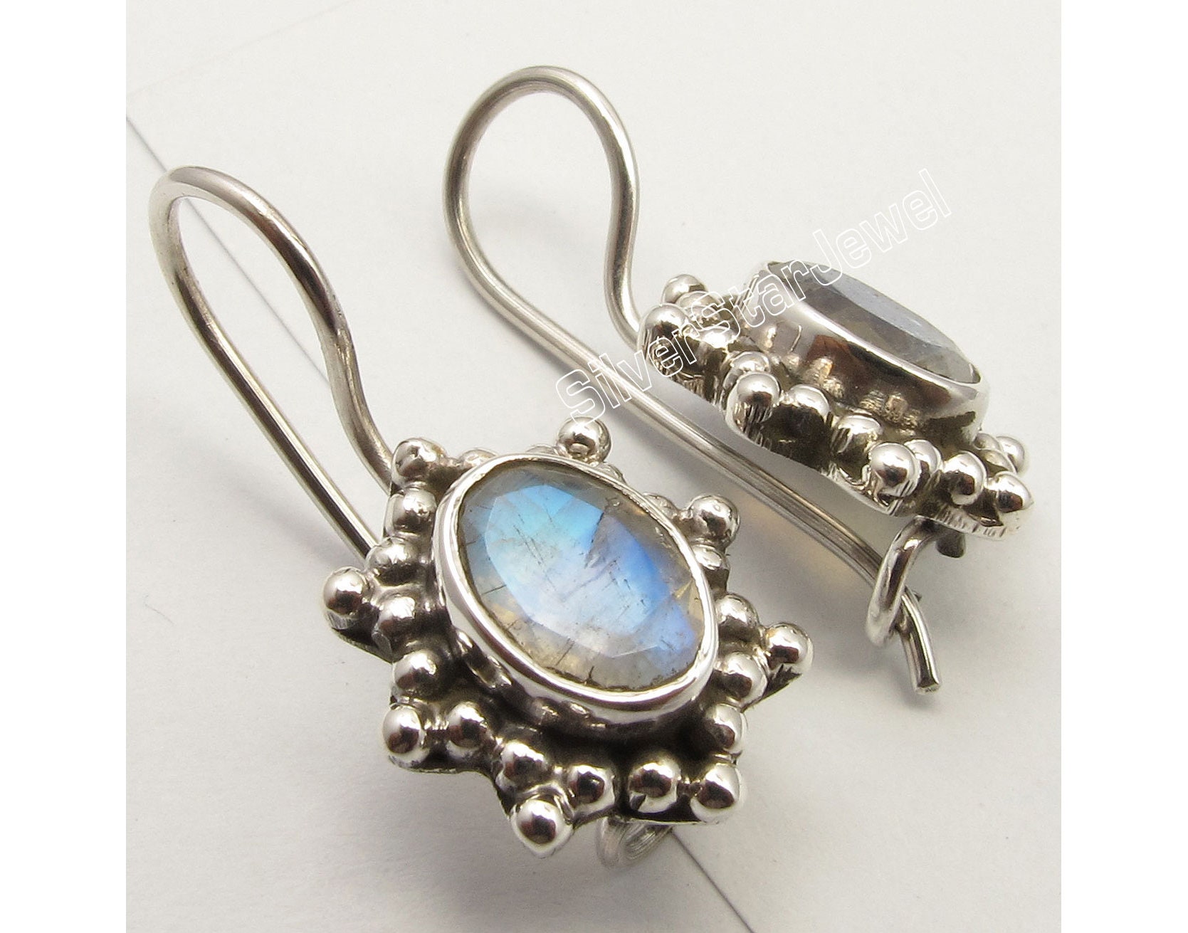 925 Sterling Silver Rainbow Moonstone Drop Dangle Earrings 0.9" Gemstone Gift 