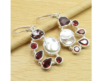 Genuine BIWA PEARL & GARNET Earrings 1.7" 925 Handcrafted Solid Silver Jewelry Style On Focus Wedding Accessories Gift For Fiance