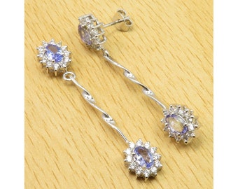 Girls' Real TANZANITE & CZ Earrings 1.8" Jewelry Collection Latest Style Rhodium Plated 925 Pure Silver Exclusive Bijoux Style On Focus