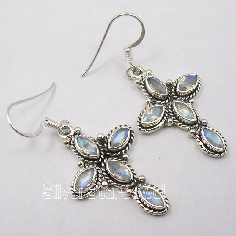 CROSS Earrings Pendant Jewelry Set 925 Solid Silver Blue RAINBOW MOONSTONE Latest Style Eurovision Song Contest Handmade Collectible Bijoux