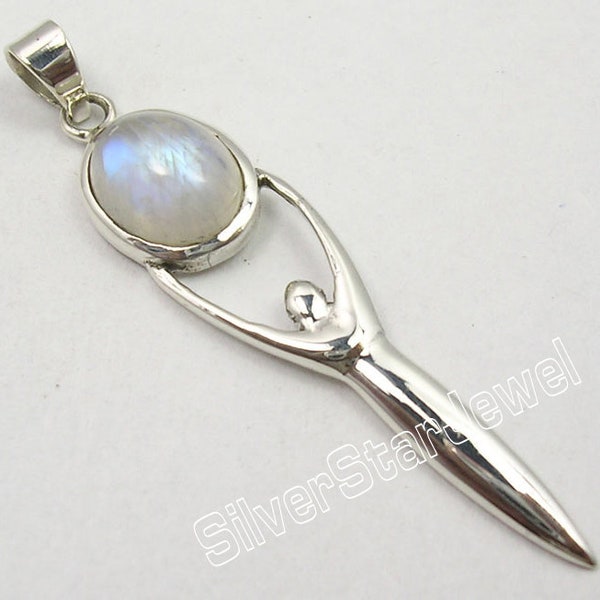 Well Made Pure 925 Solid Silver Oval Shape Real RAINBOW MOONSTONE Gem GODDESS Pendant 5.8 cm Brand New Handwork Low Price Lovely Jewelry