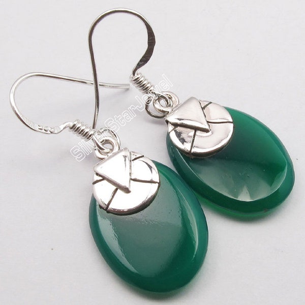 Handmade 925 Sterling Pure Solid Silver Original Flat Green Onyx Gemstone EXTRA ORDINARY Ethnic Earrings 1.4 Inches Well made Nice Jewelry