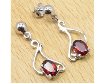 Rhodium Plated 925 Sterling Silver High Quality GARNET Earrings 1.1" Jewelry Birthday Present Gem Jewellery Gift For Sister