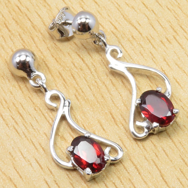 Rhodium Plated 925 Sterling Silver High Quality GARNET Earrings 1.1" Jewelry Birthday Present Gem Jewellery Gift For Sister