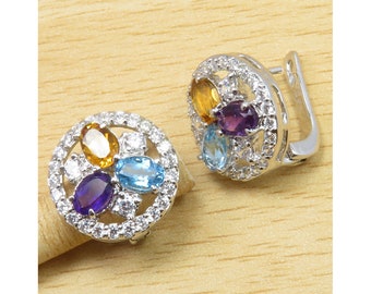 Rare Quality AMETHYST, BLUE TOPAZ, Citrine & Cz Earrings 0.9" Rhodium Plated 925 Sterling Silver Natural Gemstone Eye-Catching Jewellery