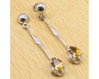 Genuine Stone CITRINE Earrings 1.7" Women's Jewelry 925 Solid Silver Rhodium Plated Luxury Women's Jewellery Expensive-Looking
