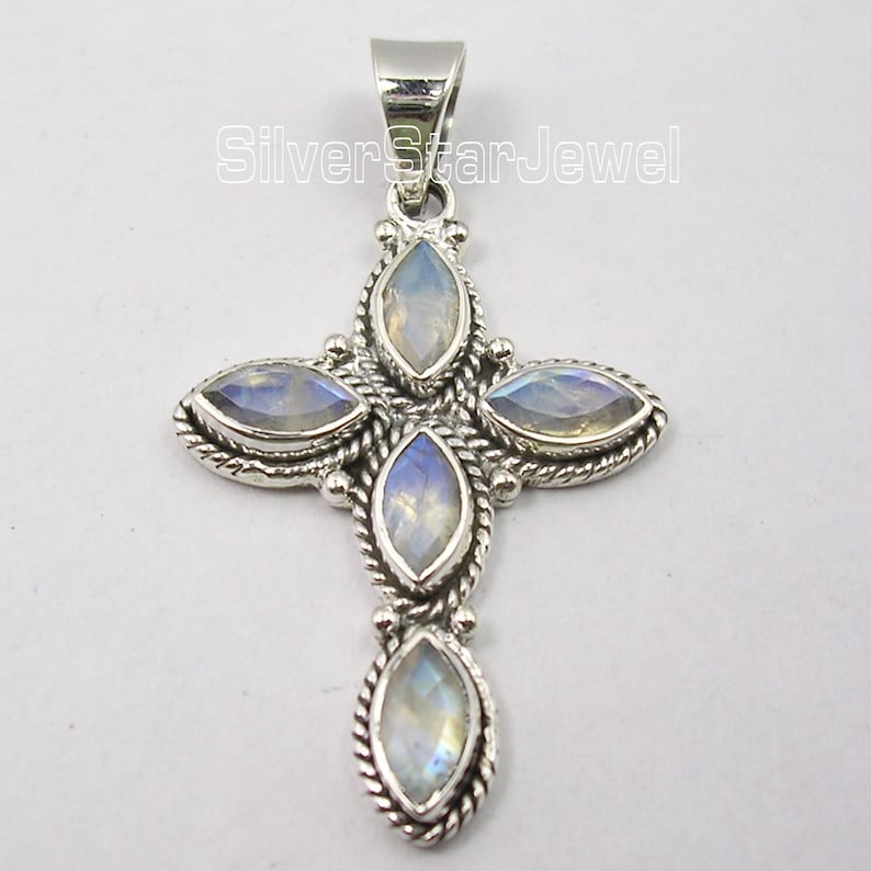 CROSS Earrings Pendant Jewelry Set 925 Solid Silver Blue RAINBOW MOONSTONE Latest Style Eurovision Song Contest Handmade Collectible Bijoux