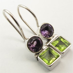 Lovely Pure 925 Silver Solid Genuine AMETHYST & PERIDOT Earrings 1 inches GEMSTONE Handmade Brand New Girls' Jewelry Well Work Made In India