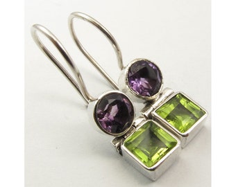 Lovely Pure 925 Silver Solid Genuine AMETHYST & PERIDOT Earrings 1 inches GEMSTONE Handmade Brand New Girls' Jewelry Well Work Made In India