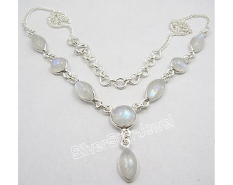 Collier déco arc-en-ciel en pierre de lune arc-en-ciel bleu naturel en argent massif pur 925 estampé 18,2 po. 10,1 grammes bien fait main vente chaude bijoux neufs