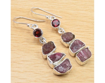 925 Solid Silver Genuine RUBY & GARNET Exclusive Earrings 2.0" Global Look Jewelry Collection Eye-Catching Decorative Unique Jewelry