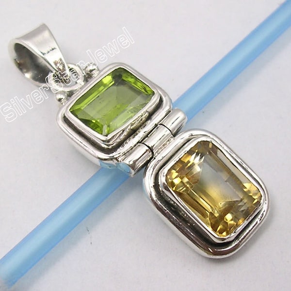 Amazing 925 Stamped Pure Solid Silver Sparkling Real PERIDOT & CITRINE Gemstone Hinge Nice Pendant 1.3 Inches Christmas Eve Gift For Sister