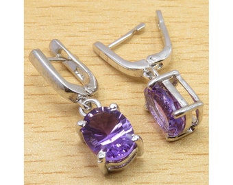 Premium Grade AMETHYST Earrings 1.0" 925 Traditional Pure Silver Rhodium Plated Engagement Jewellery 70% Off Collection Gift For Fiance