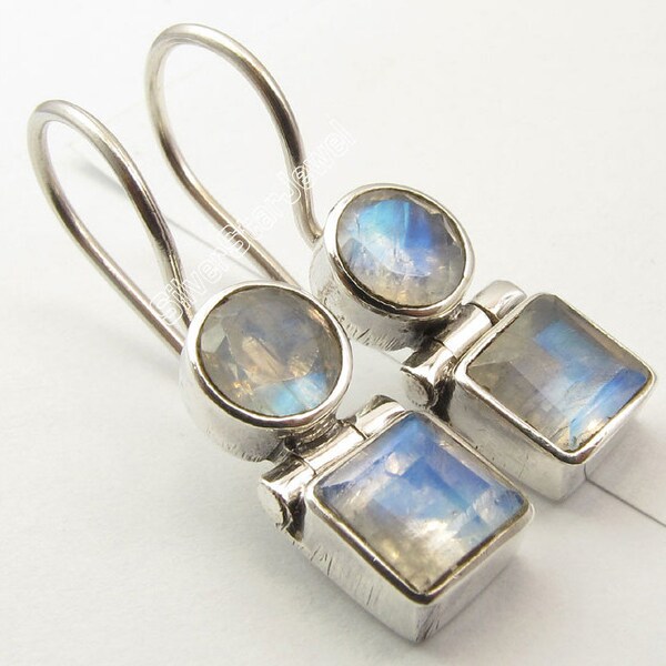 925 Stamped Sterling Pure Silver Genuine RAINBOW MOONSTONE Earrings 1 inches GEMSTONE Handmade Fashionable Indian Jewelry Collection Jaipur