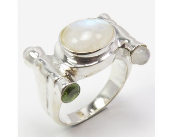 RAINBOW MOONSTONE & PERIDOT Authentic Gemstone Perfect Jewelry, 925 Sterling Silver Women's Ring Sz 7.75 Antique Jewellery, Gift For Fiance