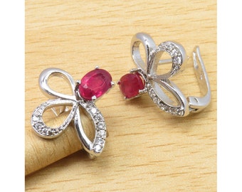 High Quality RUBY & CZ Earrings 0.8" 925 Sterling Silver Stylish Rhodium Plated Top Jewellery Antique Style Collection Exclusive Looking