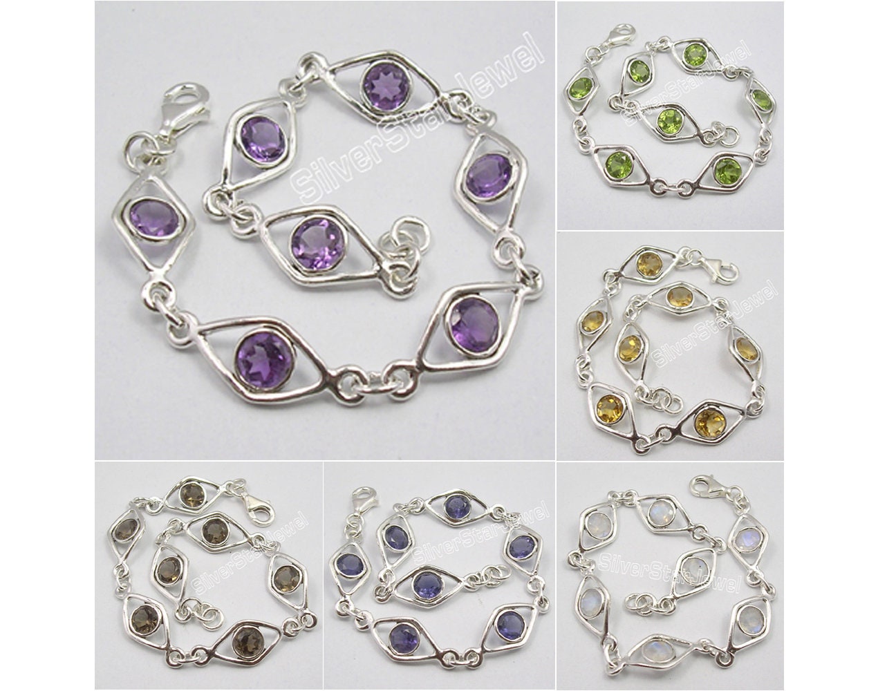 .925 Sterling Silver Beautiful CUT AMETHYST MADE IN INDIA Bracelet 7.7" 