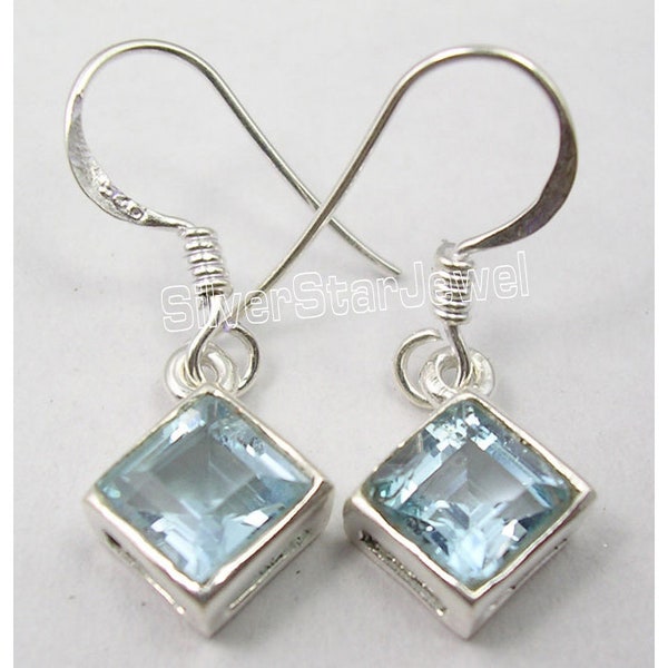 925 Solid Pure Silver Real BLUE TOPAZ Square Stone Artisan Designer Earrings 1.1" Fashionable Bestseller Women's Wedding Brand New Jewelry