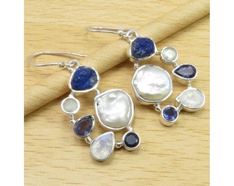 925 Handmade Original BIWA PEARL & MULTISTONE Earrings 1.7" Sterling Silver Girls' Jewelry Collection Latest Style Gift For Mom