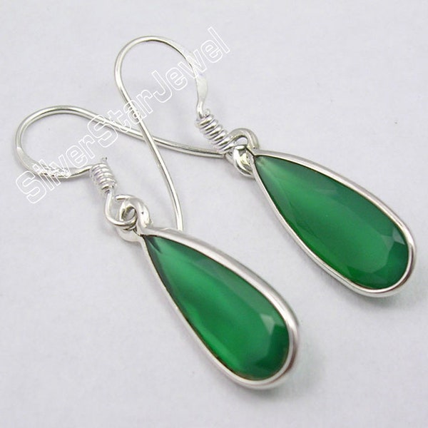 925 Solid Silver Natural GREEN ONYX Long Drop Pretty Earrings 1.4" Indian JEWELLERS Gift Jewelry Well Handmade Hot Selling Sibling Day Sale