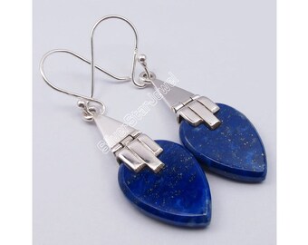 925 Stamped Solid Pure Silver Blue Color Natural LAPIS LAZULI Flat Drop Old Style BALLWIRE Earrings 1.8 Discount Handmade Jewelry Collection