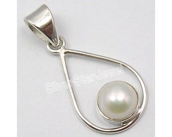 Pendentif artisanal en argent sterling pur massif 925, forme ronde, couleur blanche, perle naturelle, pierres précieuses, pendentif à la mode de 1,3 pouce