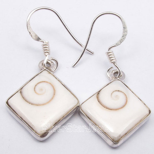 White Color 925 Sterling Silver Indian Genuine SHIVA EYE Shell MODERNISTIC Earrings 1.4" Handmade Traditional Affordable Jewelry Collection