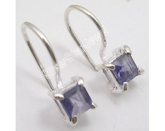 Free Delivery 925 Sterling Pure Solid Silver Natural Square Shape IOLITE Gemstone Prong-Setting NOUVEAU Earrings 0.6 Inches Lovely Jewelry