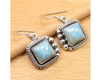 High Quality LARIMAR Earrings 1.3" Antique Style Jewelry 925 Solid Silver Global Look Stylish Women's Gift Jewellery Style On Focus