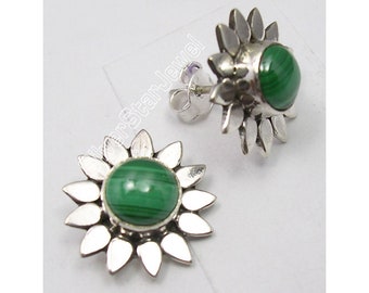 Amazing 925 Sterling Pure Solid Silver Green Color Natural MALACHITE Gemstone FLOWER WOMEN'S Studs Posts Earrings 0.6 Inches Lovely Jewelry