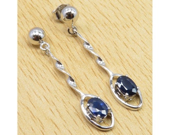 Rhodium Plated 925 Sterling Silver Premium Grade SAPPHIRE Earrings 1.4" Global Look Jewelry Handmade Antique Style Bijoux