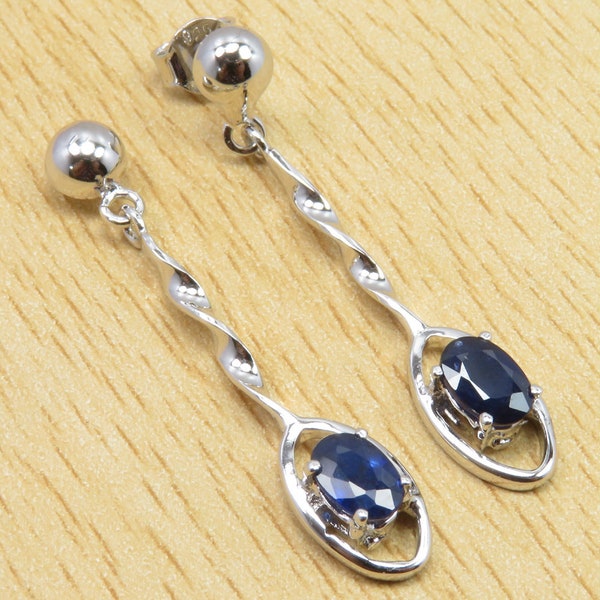 Rhodium Plated 925 Sterling Silver Premium Grade SAPPHIRE Earrings 1.4" Global Look Jewelry Handmade Antique Style Bijoux