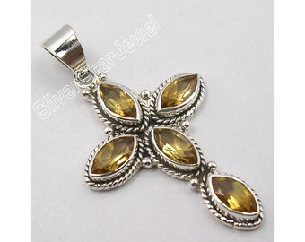 Wedding 925 Stamped Solid Silver Unseen Cut Yellow Color Natural CITRINE Gemstone Traditional ARTISAN Cross Pendant 4.4 cm Brand New Jewelry