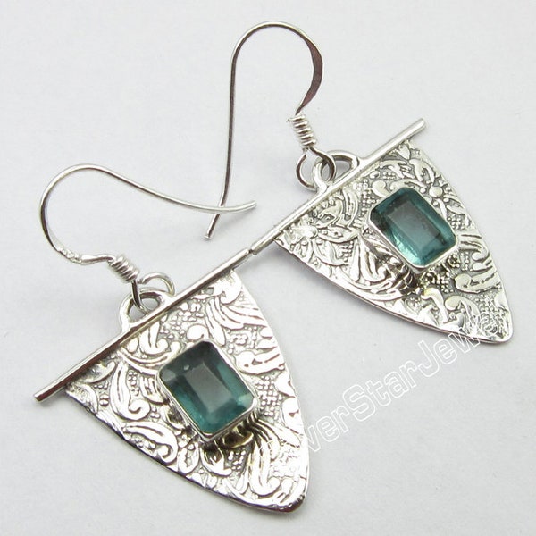 ENGRAVED Art, Stamped 925 Pure Solid Silver Beautiful Genuine APATITE Gemstone Nouveau ARTISAN Earrings 1.5 Inches Handmade Girls Jewelry