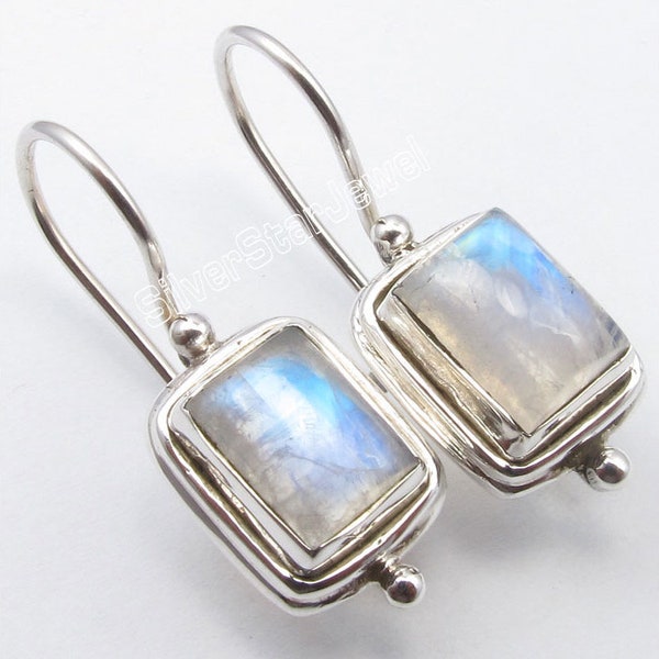 Solid 925 Pure Silver Natural RAINBOW MOONSTONE DANGLING Fix Wire Earrings 1" Brand New Handmade Women's Fine Jewelry Collection Store India