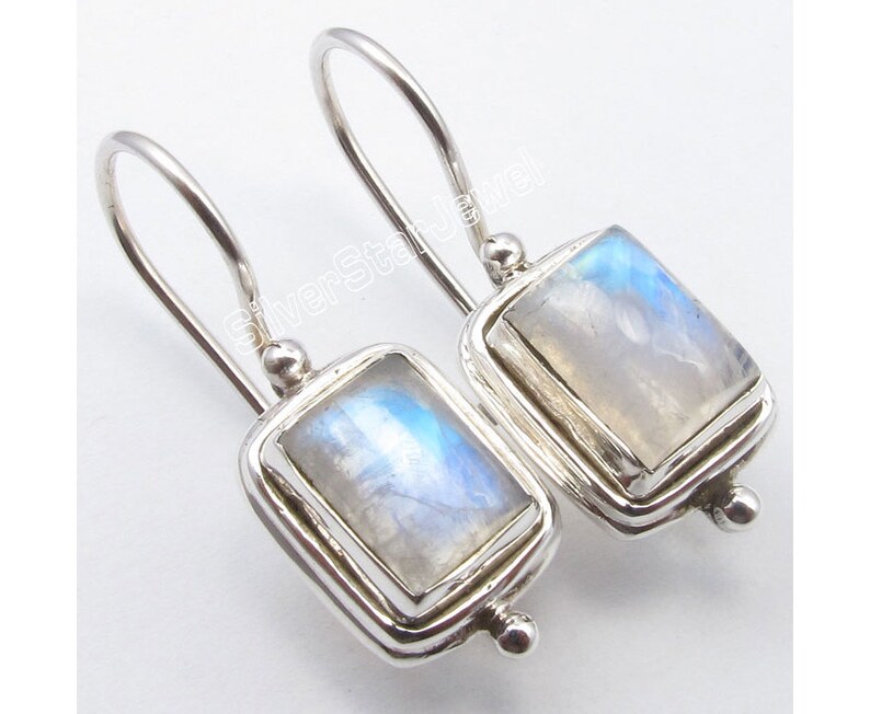 Solid 925 Pure Silver Natural RAINBOW MOONSTONE DANGLING Fix Wire Earrings 1 Brand New Handmade Women's Fine Jewelry Collection Store India zdjęcie 1