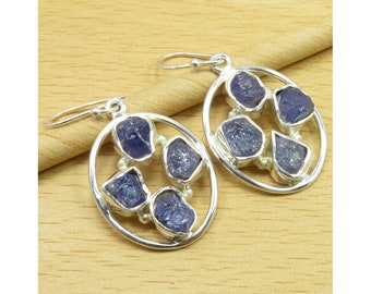 925 Solid Silver Natural TANZANITE Earrings 1.7" Antique Style Girls' Accessories Expensive-Looking Hot Selling Handwork Jewelry Gift Idea