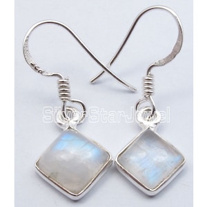 Sterling 925 Pure Solid Silver Unseen Blue Fire Natural Rainbow Moonstone Gemstone MADE IN INDIA Earrings 1 1/8" Women's Jewelry Collection