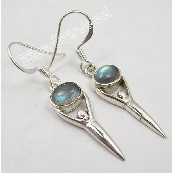 Pure 925 Solid Silver Natural Blue Flash LABRADORITE Stylish GODDESS Earrings 1.5" Amazing Hot Selling Handmade Women's Indian Jewelry New