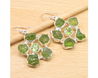 925 Sterling Silver Rare Quality PERIDOT Earrings 1.9" Handmade Jewelry Made In India Latest Style Eye-Catching On Trend Jewellery