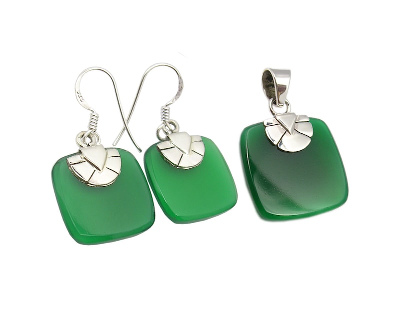 Jewellery Set 925 Silver Rare GREEN ONYX Earrings Pendant Decorative Brand New Accessories Trendy Bijoux Exclusive Jewelry Art Collection