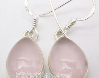 Lovely Pure 925 Solid Sterling Silver Cabochon Pink Color Genuine ROSE QUARTZ Gem TRADITIONAL Earrings 1.3" Handmade High Selling Brand New