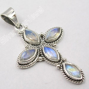 Pure 925 Stamped Sterling Silver Exclusive Blue Fire Real RAINBOW MOONSTONE CROSS Pendant 1.7 Amazing Well made Handwork Fashionable Jewelry