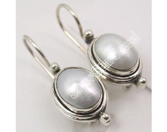 Beautiful Oval Shape White Color Gemstone Earrings Pure 925 Solid Sterling Silver FRESH WATER PEARL Oxidized Handmade Jewelry 1" Brand New