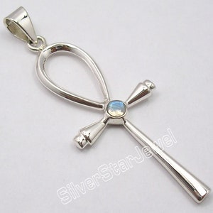 Lovely 925 Pure Solid Silver Real RAINBOW MOONSTONE New Ankh Cross Pendant 5.9 CM 4.6 Grams Low Price Handmade Hot Selling Jewelry Brand New