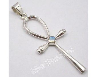 Lovely 925 Pure Solid Silver Real RAINBOW MOONSTONE New Ankh Cross Pendant 5.9 CM 4.6 Grams Low Price Handmade Hot Selling Jewelry Brand New