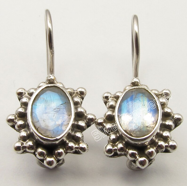 Blue Fire RAINBOW MOONSTONE Low Price 925 Sterling Silver Ladies Gemstone Jewelry Oxidized Jewelry Antique Style Earrings 0.9